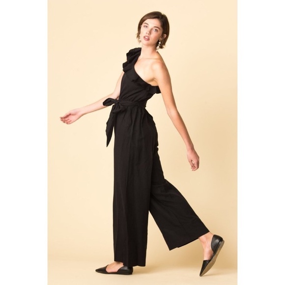 Ulla Johnson Demi Black Ruffle Twill One Shoulder Jumpsuit Size 0 Missing Belt - Picture 11 of 11